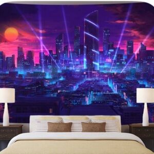 Aidatain Modern City Street View Tapestry - Blue and Purple Night City Japanese